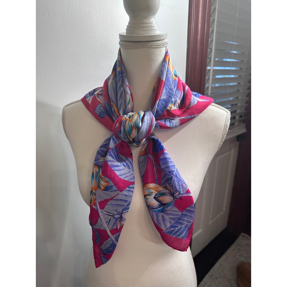 Anne Klein Silk Scarf Fuchsia Pink Blue Floral Botanical Oblong Rectangle 18x32
